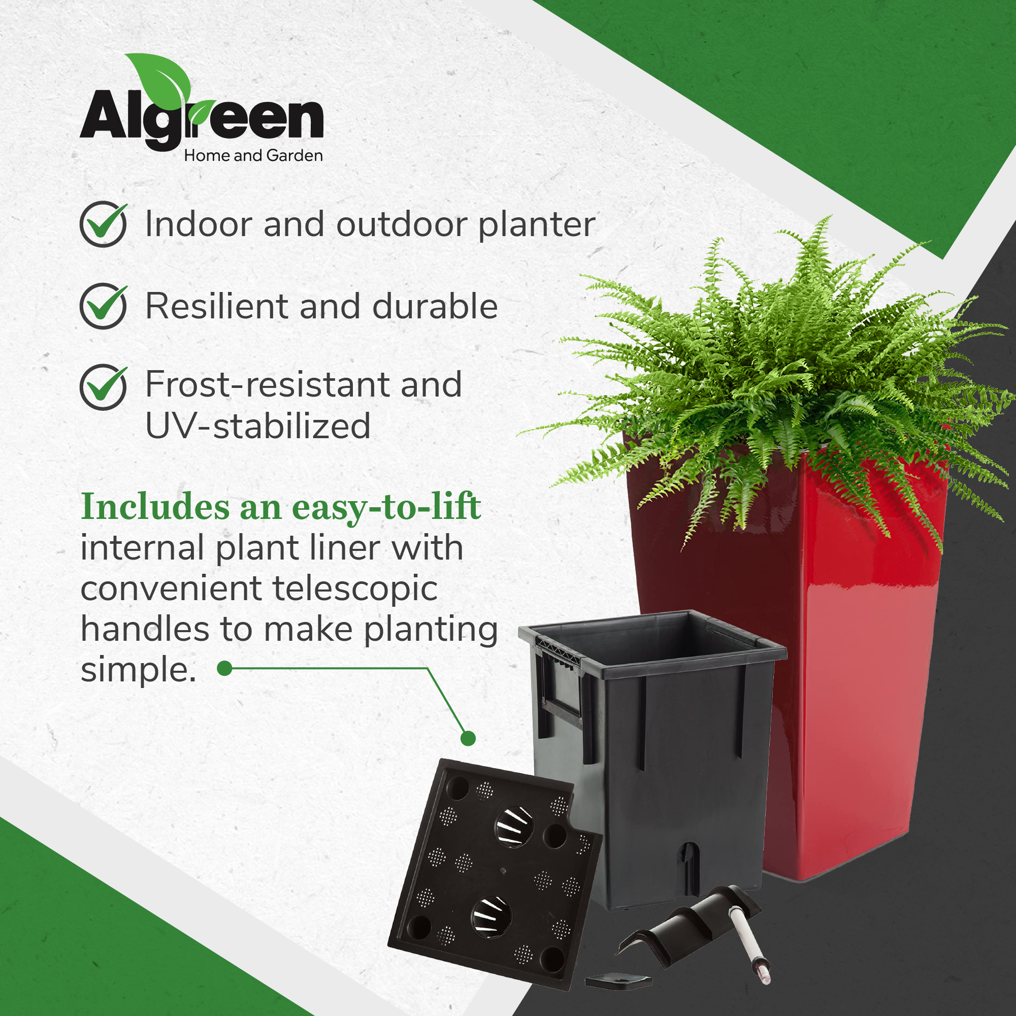Algreen Modena 22" Inside/Outside Self-Watering Square Planter Pot w/Wheels, Red - VMInnovations