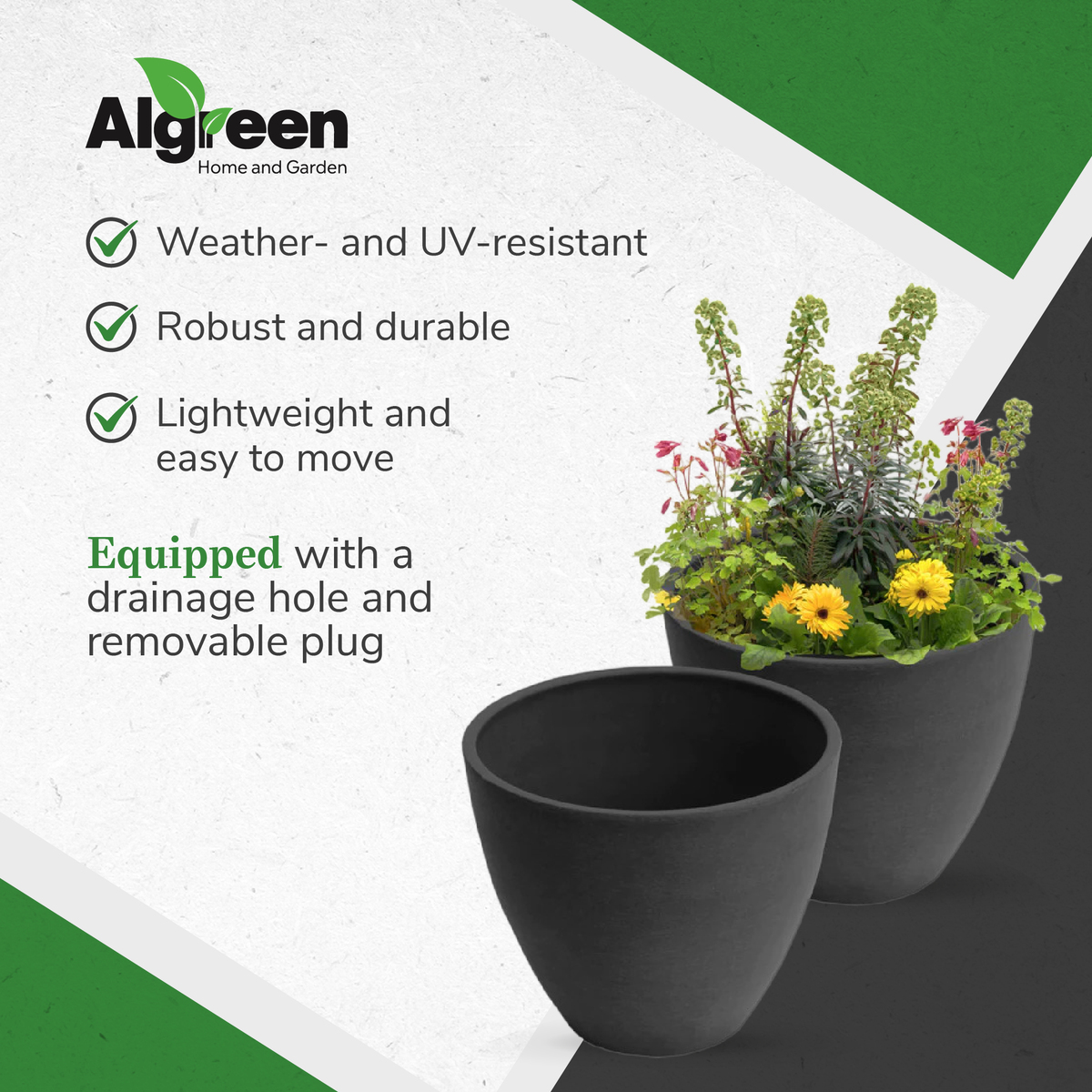 Algreen Valencia 10 Inch x 8.3 Inch Flower Plant Pot Planter, Charcoal (Used)