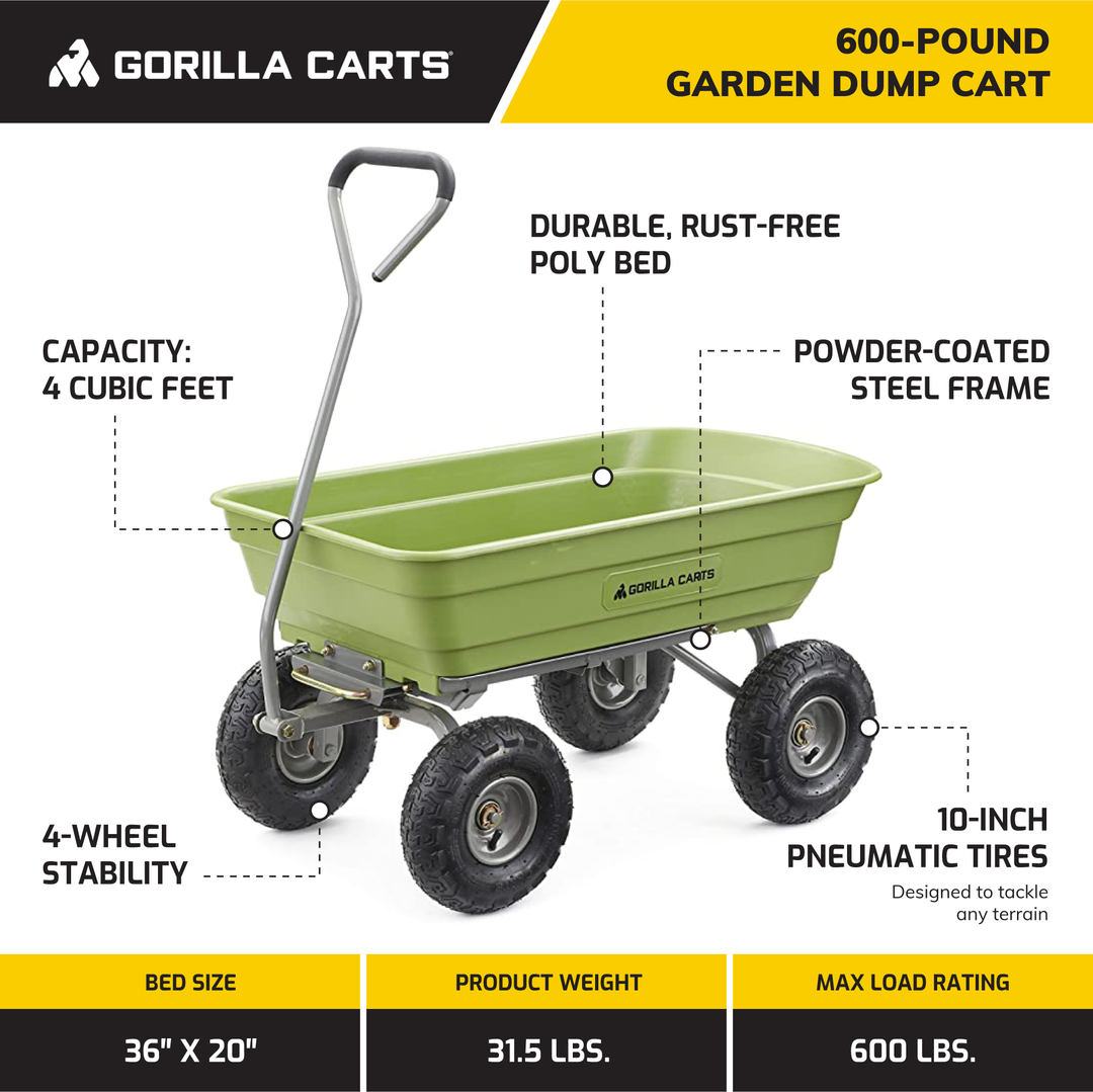 Gorilla Carts Heavy Duty Poly Yard Dump Cart, Lawn & Garden Wagon, 600 Lb, Green