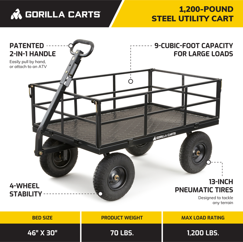 Gorilla Carts Steel Utility Cart, 9 Cubic Feet Garden Wagon with Removable Sides