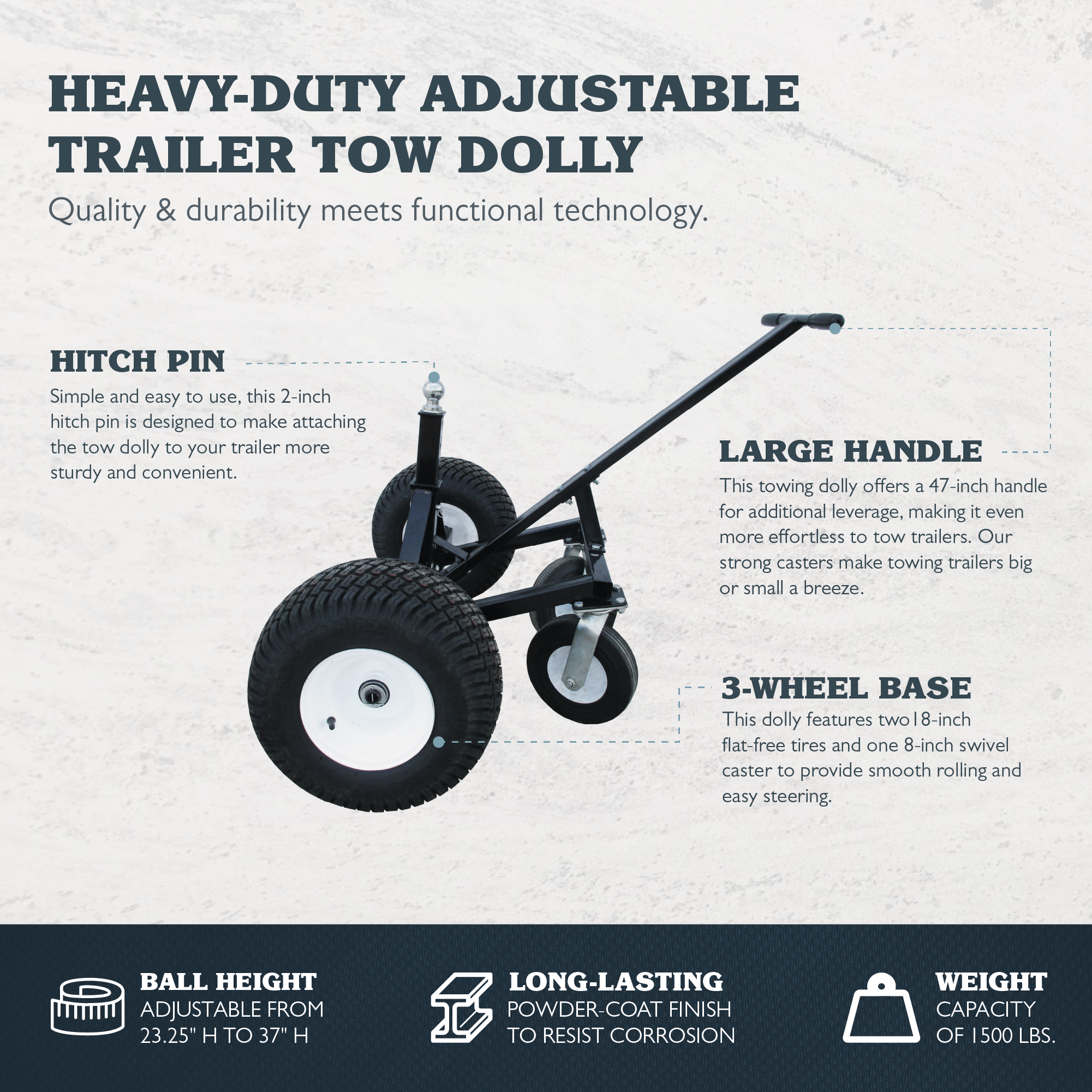 Tow Tuff TMD-15002C Adjustable Steel 1500 lb Heavy Duty Trailer Dolly w/ Caster - VMInnovations