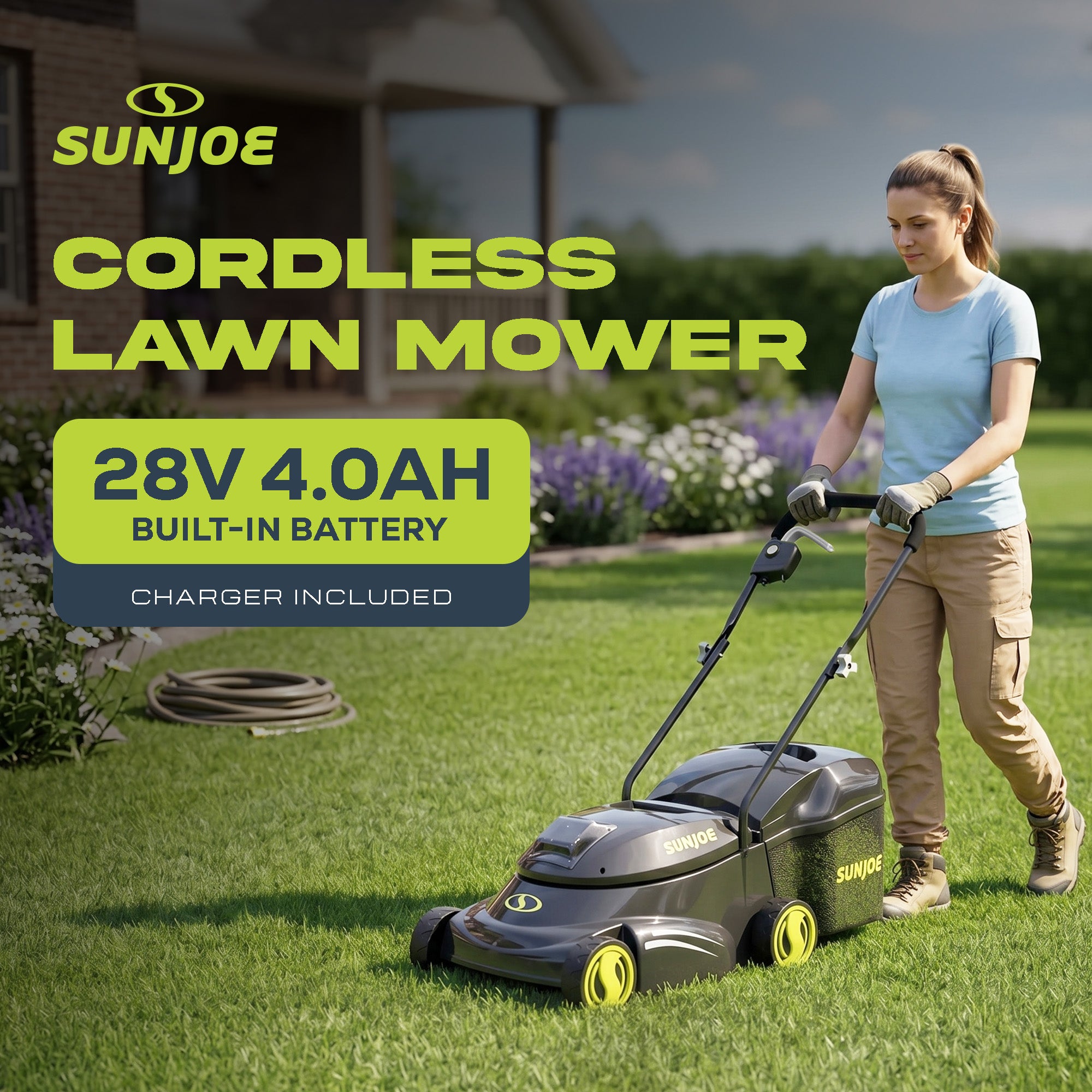 Sun Joe 28V Cordless Rechargeable 14" Walk Behind Push Mower with Charging Cord