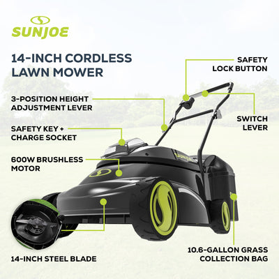 Sun Joe 28V Cordless Electric 14 Inch Push Behind Lawn Mower, Green (Open Box) - VMInnovations