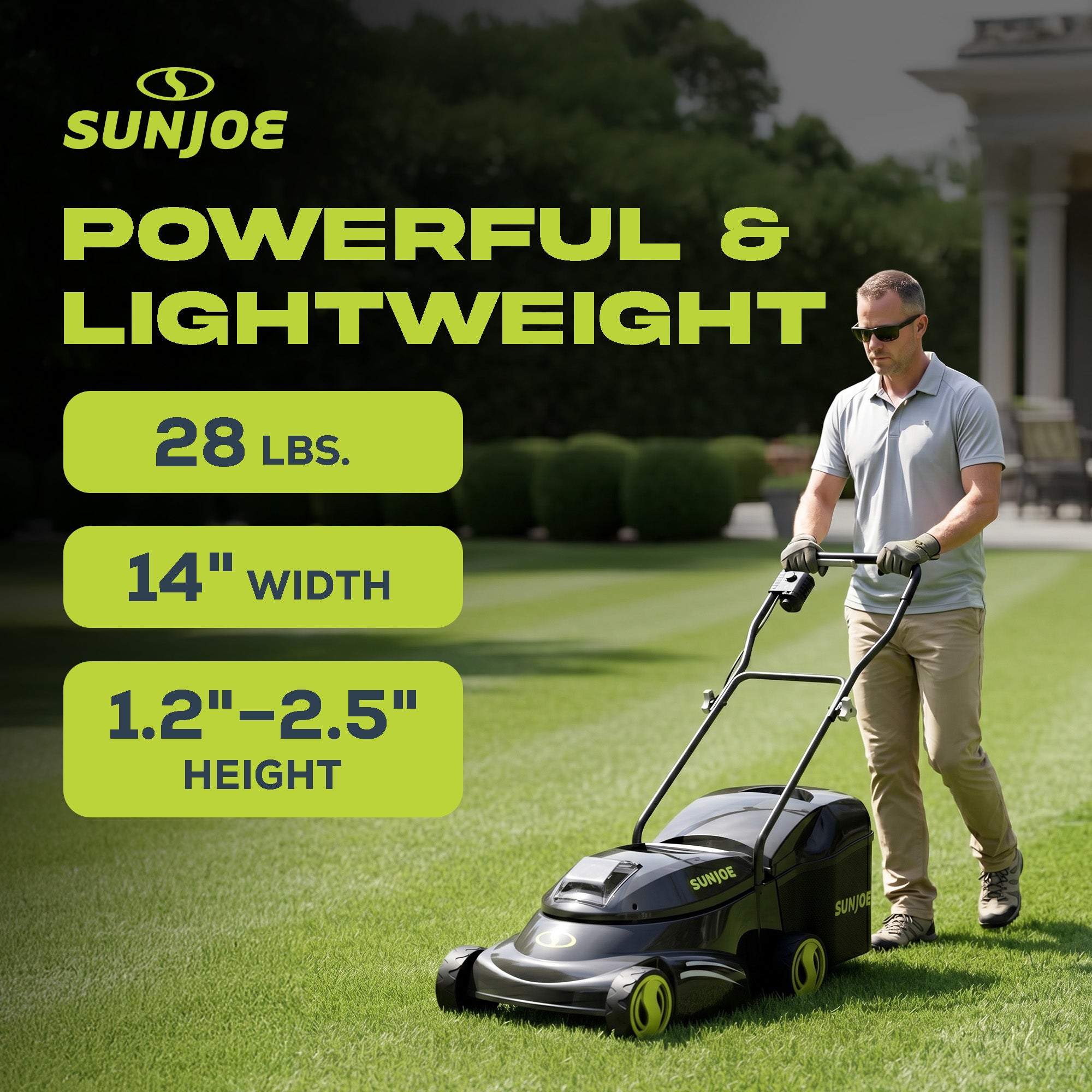Sun Joe 28V Cordless Rechargeable 14" Walk Behind Push Mower with Charging Cord