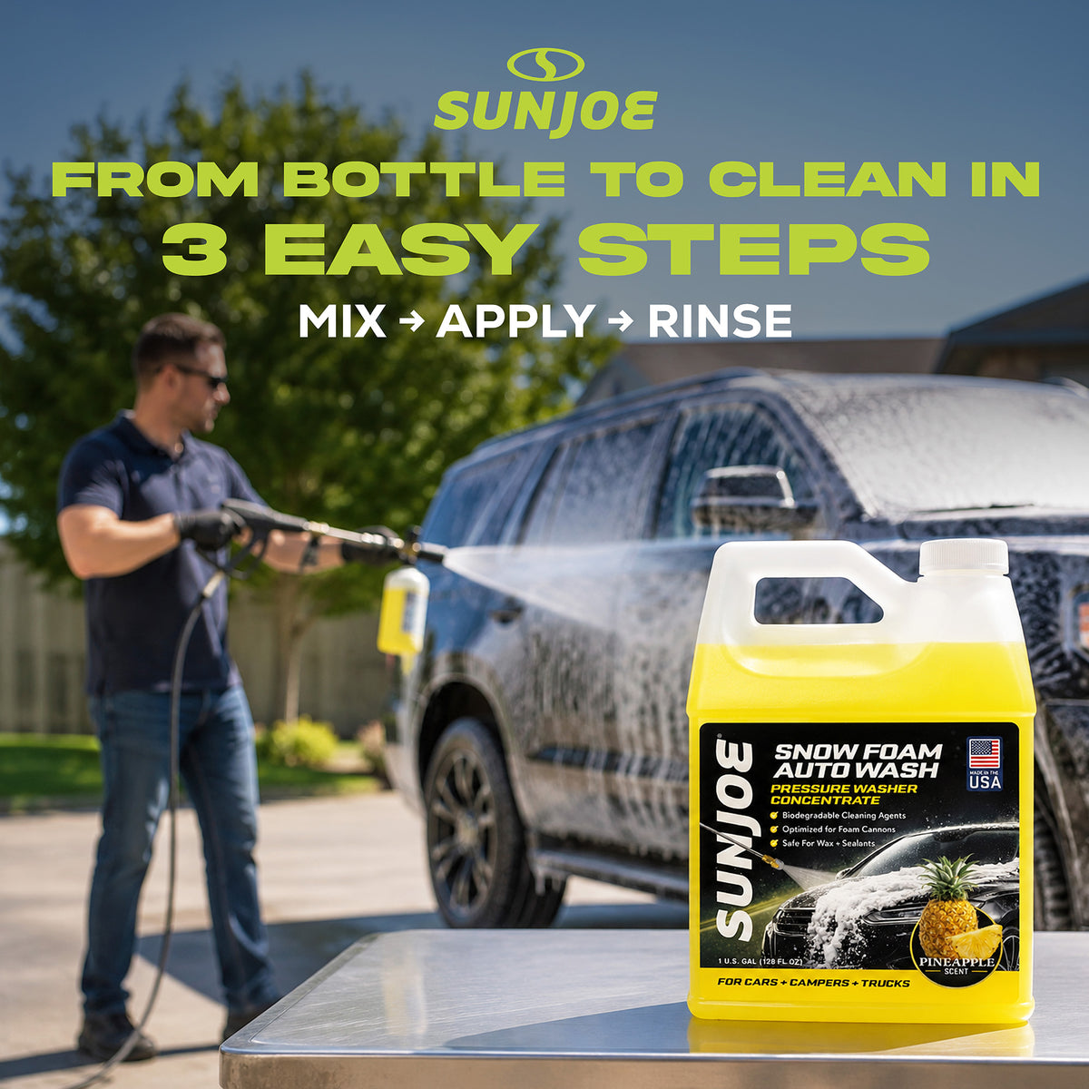 Sun Joe Snow Foam Pineapple Scented Car Wash Soap & Cleaner, 1 Gallon, FCS1G - VMInnovations