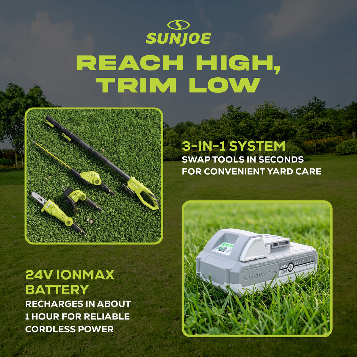 Sun Joe IONMAX Cordless Lawn Care System, Grass and Hedge Trimmer with Pole Saw - VMInnovations