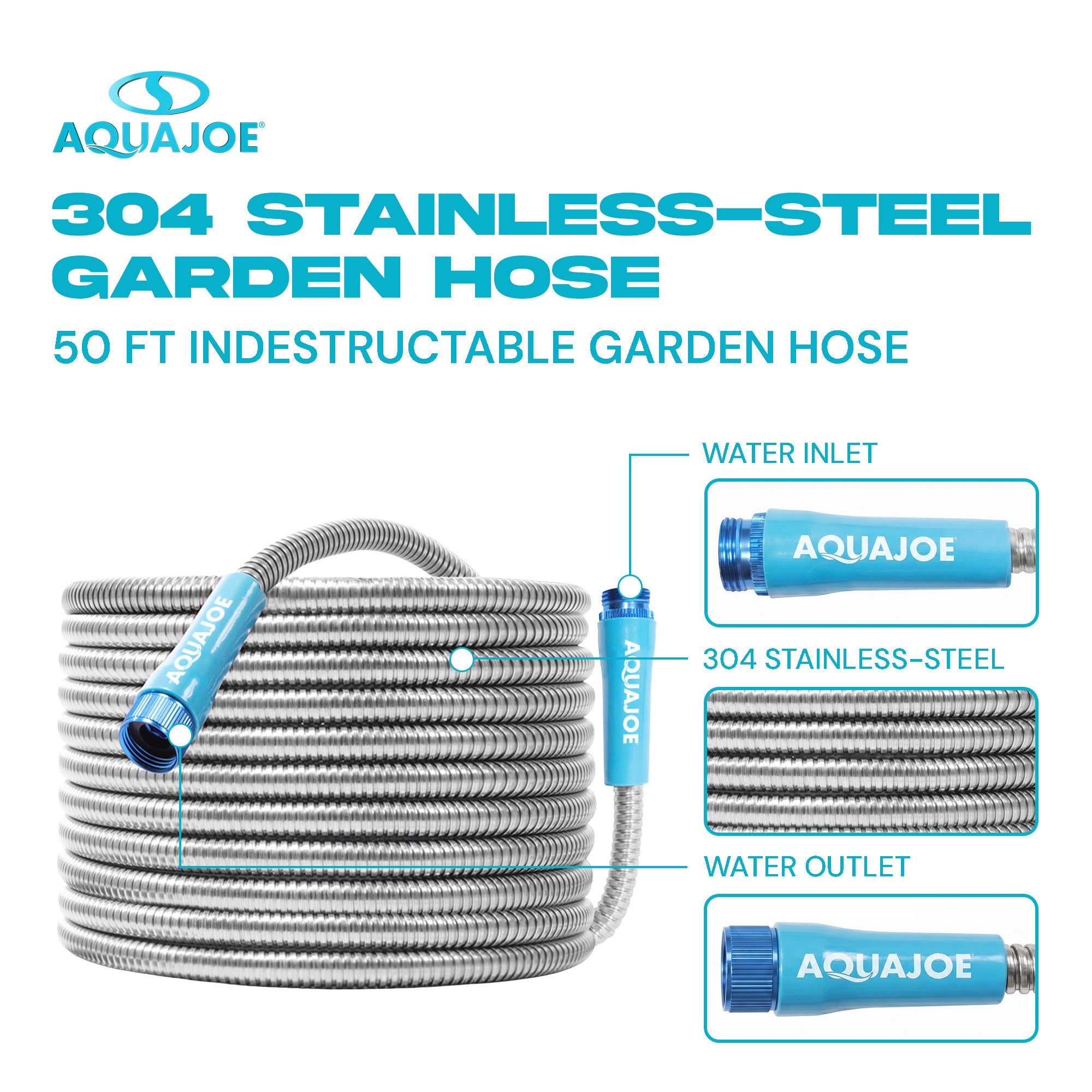 Aqua Joe 50 Ft Heavy Duty Stainless Steel Garden Hose, 1/2" Diameter, AJSGH50
