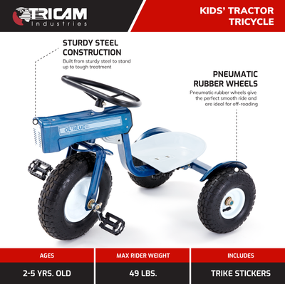 Tricam Ol' Blue Tractor Tricycle, 22" Steel Toddler Bike Kids Ride On Toy, Blue