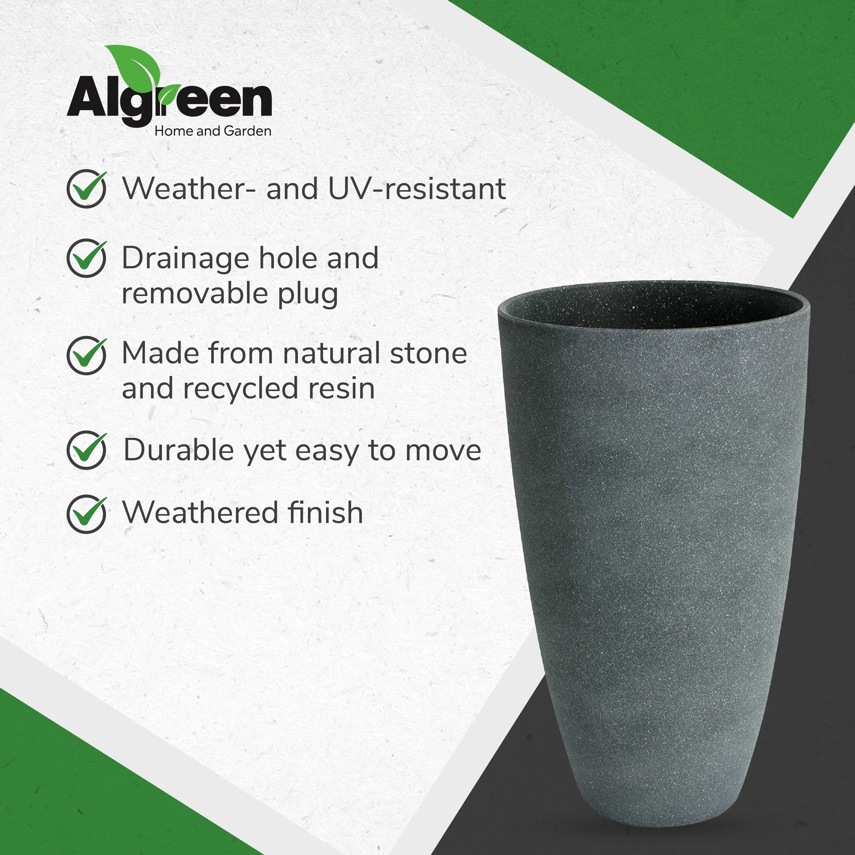 Algreen Acerra Weather Resistant Composite Tall Planter Pot, Gray Stucco (Used) - VMInnovations
