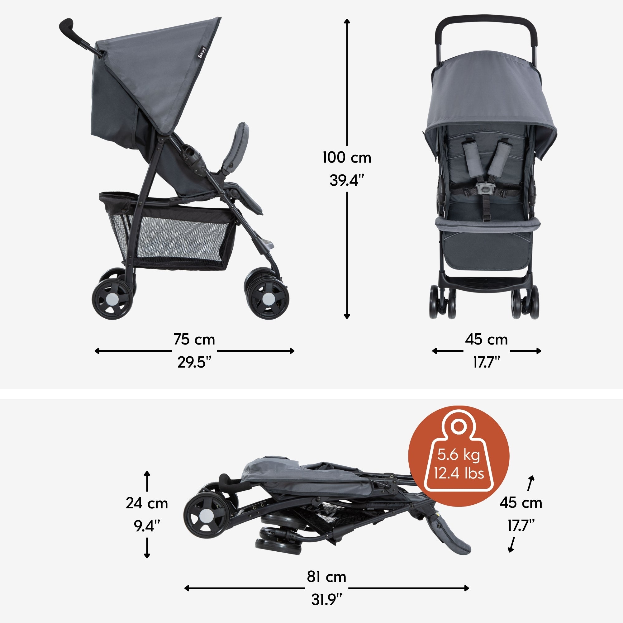 hauck Sport T13 Lightweight Compact Foldable Stroller, Charcoal Stone (Open Box) - VMInnovations