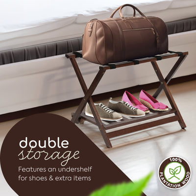PJ Wood Hotel Style Wood Folding Suitcase Luggage Rack w/Shelf, Walnut(Open Box) - VMInnovations