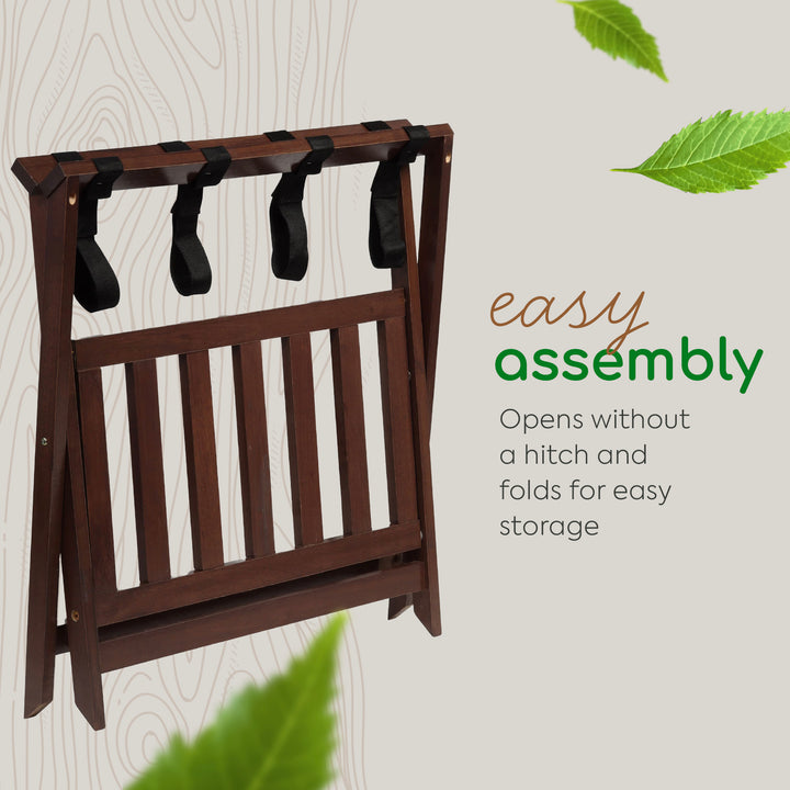 PJ Wood Hotel Style Wood Home Folding Suitcase Luggage Rack with Shelf, Walnut