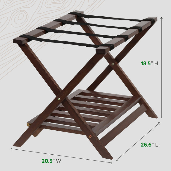 PJ Wood Hotel Style Wood Home Folding Suitcase Luggage Rack with Shelf, Walnut