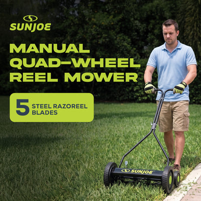 Sun Joe Cordless, Manual Push Steel Reel Lawn Mower, 14 Inch, Green (Open Box)