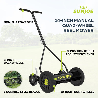 Sun Joe Cordless, Manual Push Steel Reel Lawn Mower, 14 Inch, Green, MJ503M
