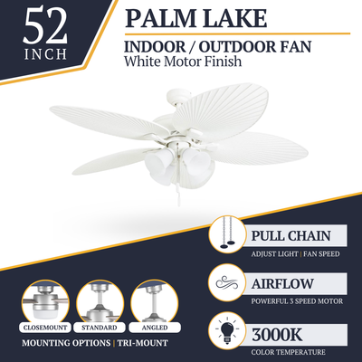Prominence Home Palm Lake 52" Indoor Outdoor Ceiling Fan with Pull Chain, White - VMInnovations
