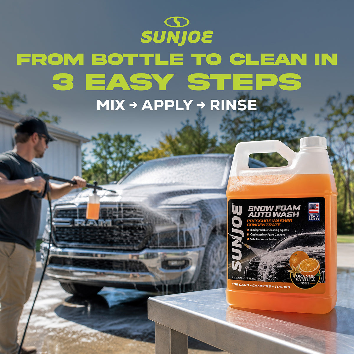 Sun Joe Premium Snow Foam Car Soap Cleaner, 1 Gal, Orange-Vanilla, SPX-FCS1G-CRM - VMInnovations