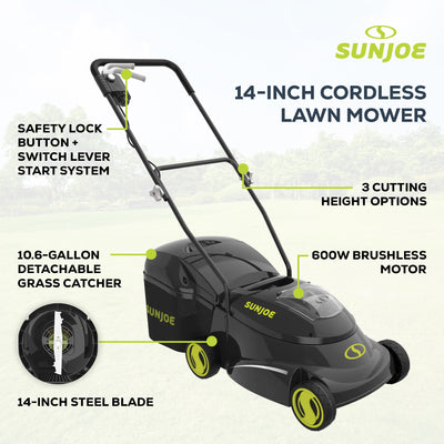 Sun Joe Cordless, Brushless Lawn Mower Kit, Rear Grass Bag, Green (Open Box)