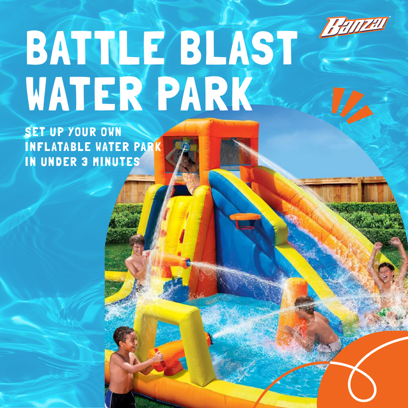 Banzai Inflatable Battle Blast Adventure Activity Water Park & 3 Water Cannons
