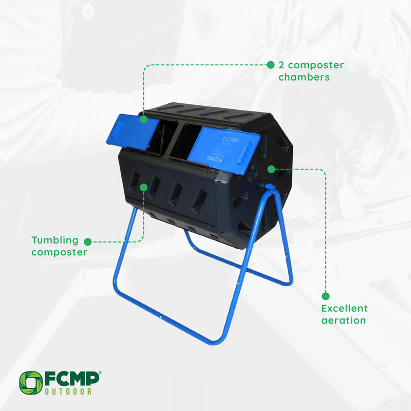 FCMP Outdoor 8 Sided Dual Chamber Tumbling Double Door Composter, Blue(Open Box)