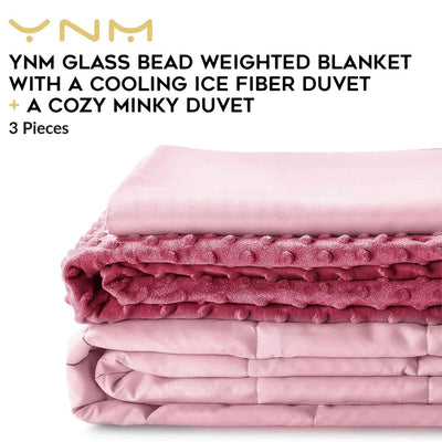 YnM 3 Piece Set 15 Pound Glass Bead Weighted Blanket w/2 Duvet Covers (Open Box)