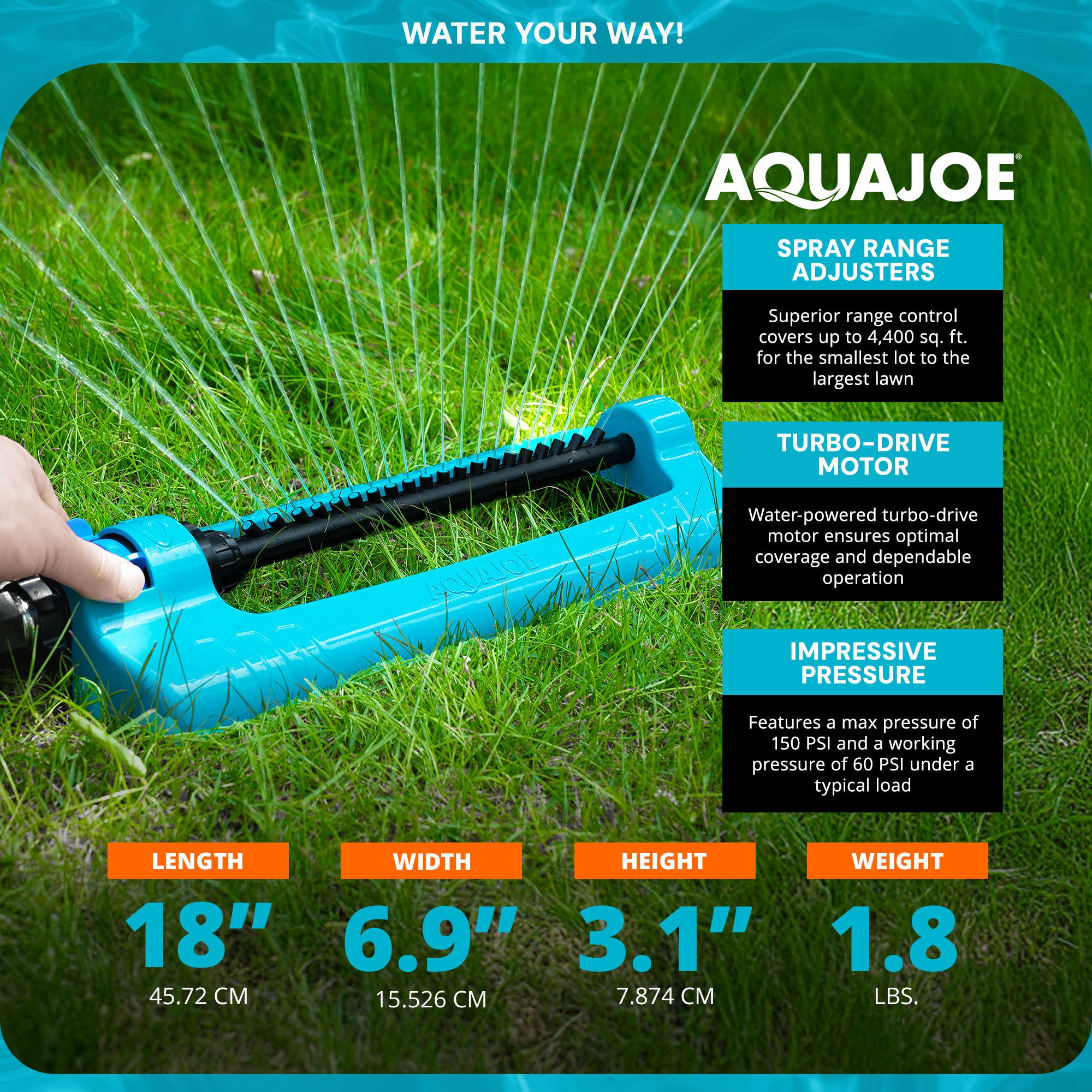 Aqua Joe Oscillating Sprinkler with Adjustable Spray, 4400 Sq Foot (Open Box)