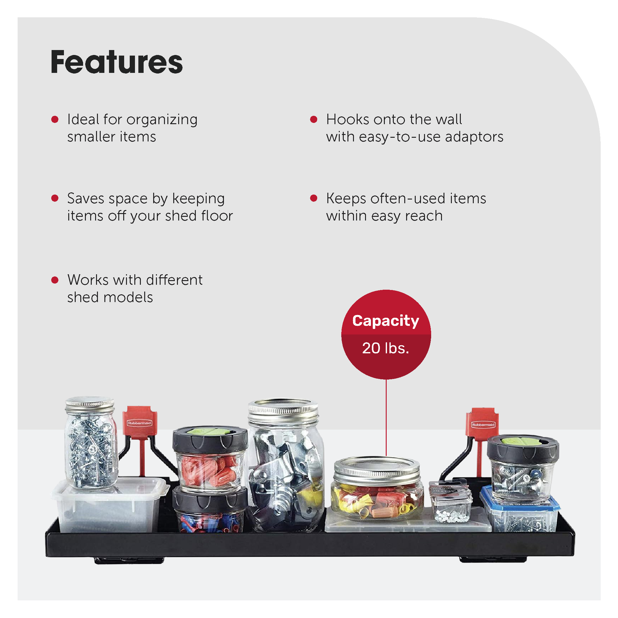 Rubbermaid Metal Shed Accessory Shelf & 50lb Capacity 34” Storage Shed Tool Rack