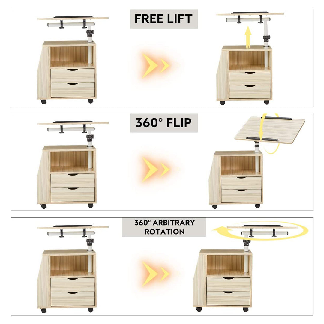 EROMMY Swivel Top Adjustable Height Bedside End Table w/Storage Drawers, Natural