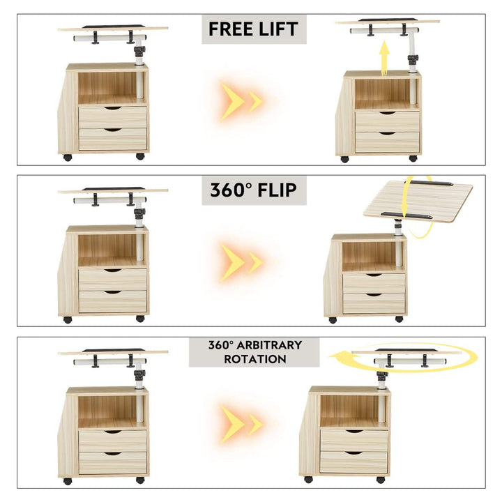 EROMMY Swivel Top Adjustable Height Bedside End Table w/Storage Drawers, Natural