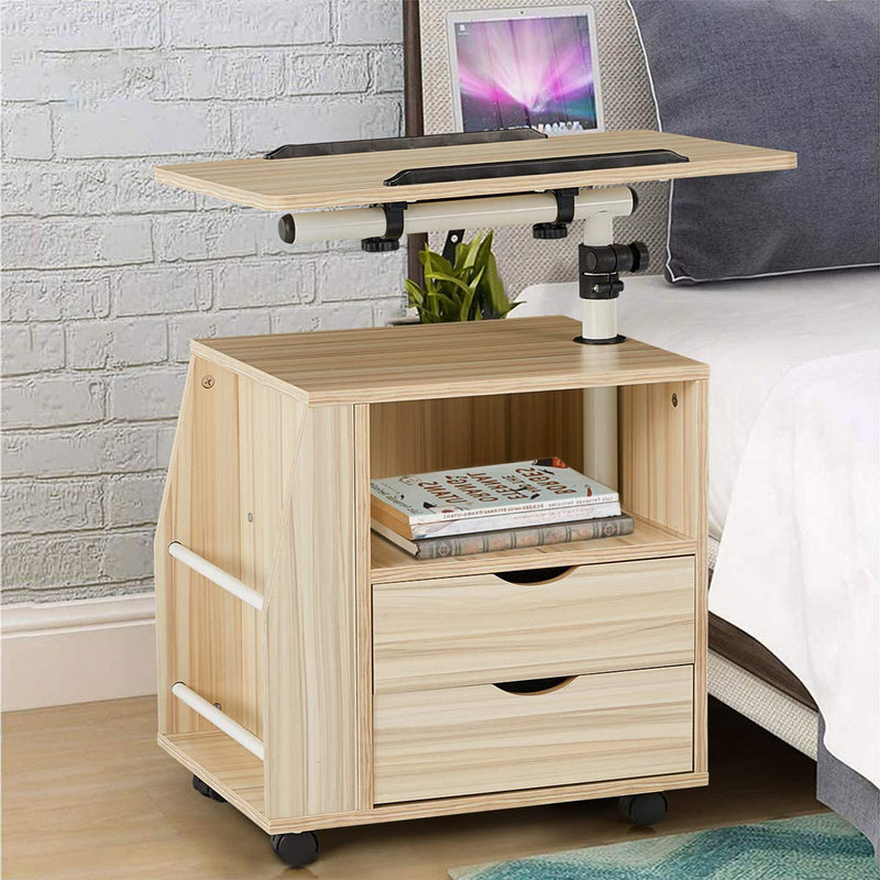 EROMMY Swivel Top Adjustable Height Bedside End Table w/Storage Drawers, Natural