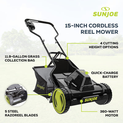 Sun Joe Cordless Push Reel Mower, 15” Yard Trimmer w/ Collection Bag, 24V-CRLM15