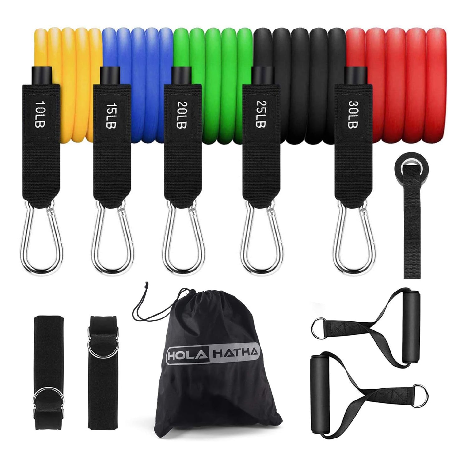 HolaHatha Resistance 110lb Maximum Workout Set with 5 Bands 2 Handles (Open Box) - VMInnovations