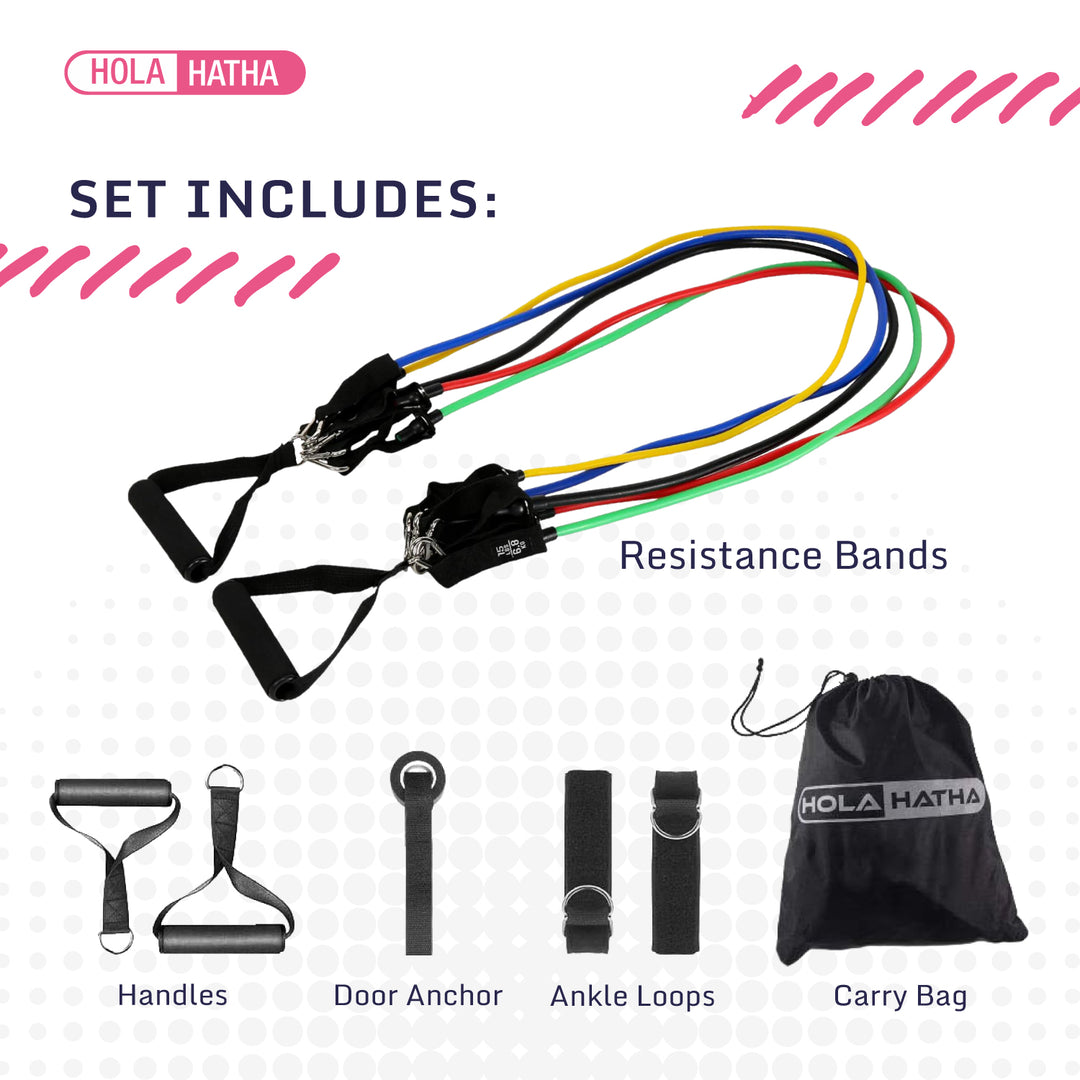 HolaHatha Resistance 110lb Maximum Workout Set with 5 Bands 2 Handles (Open Box) - VMInnovations