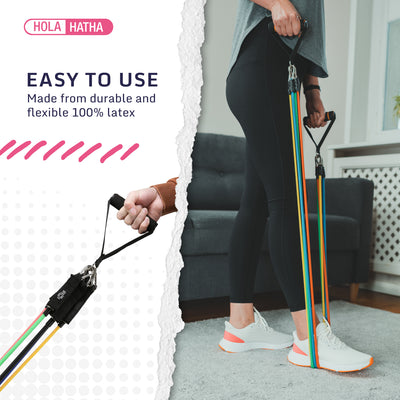 HolaHatha Resistance Band 110lb Maximum Workout Set with 5 Bands and 2 Handles - VMInnovations