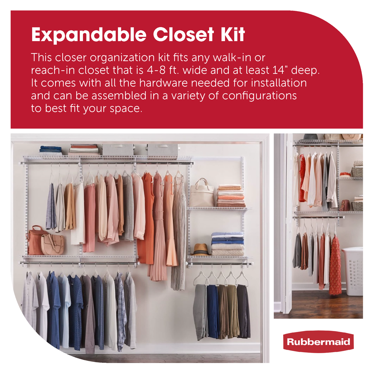 Rubbermaid 4-8 Feet Custom DIY Closet Organizer Kit, White (Damaged)