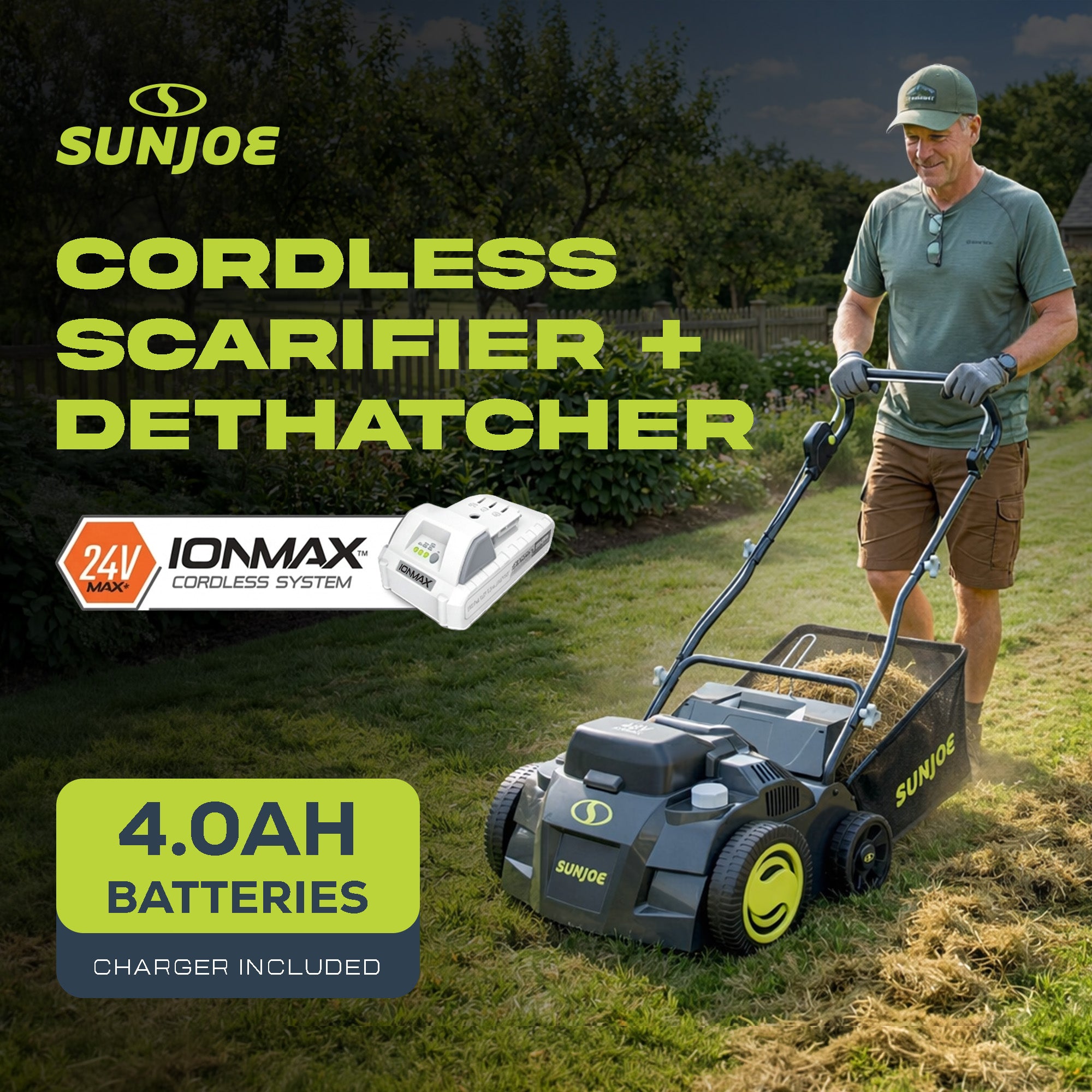 Sun Joe Cordless Scarifier/Dethatcher, Brushless Motor, Batteries, 24V-X2-DTS15