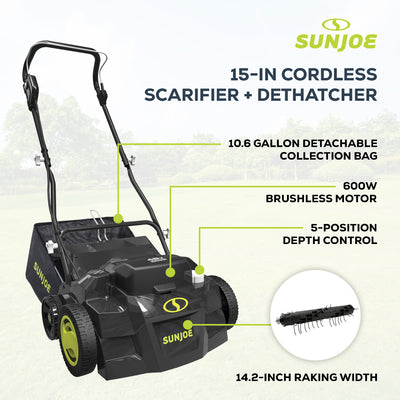 Sun Joe Cordless Scarifier & Dethatcher, Motor, 2 24V 4.0Ah Batteries (Open Box)