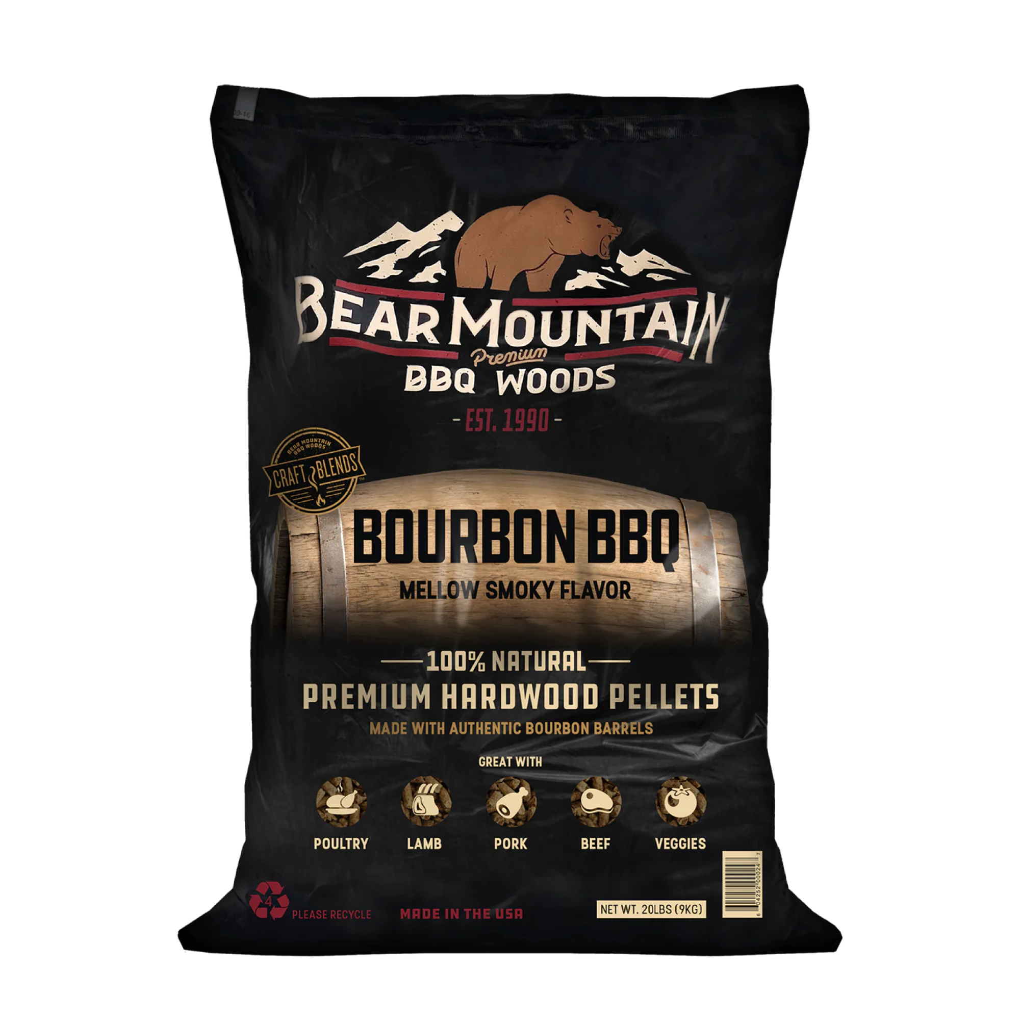 Bear Mountain All Natural Bourbon Craft Blend Smoker Pellets, 20lbs (Open Box)