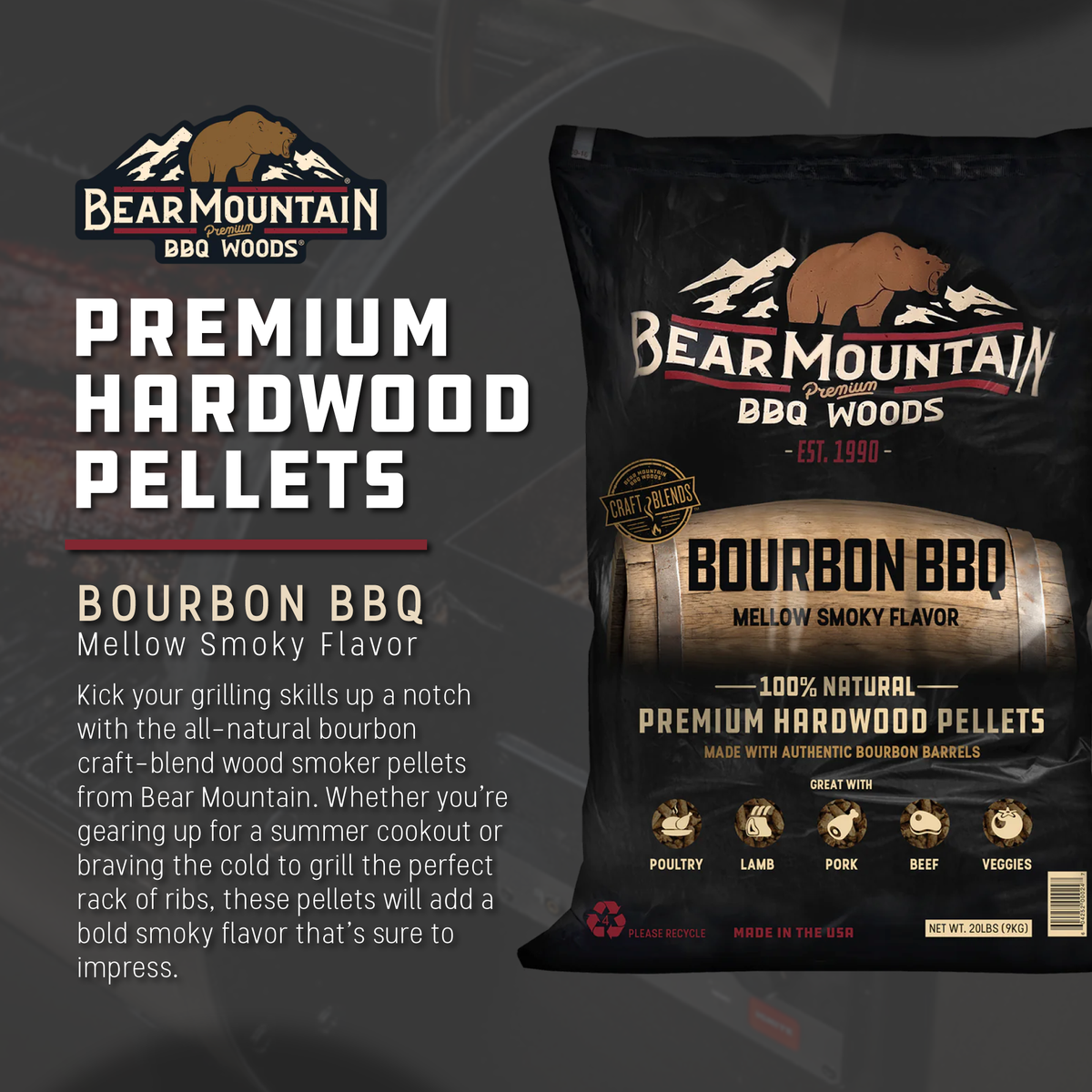 Bear Mountain All Natural Bourbon Craft Blend Smoker Pellets, 20lbs (Open Box)