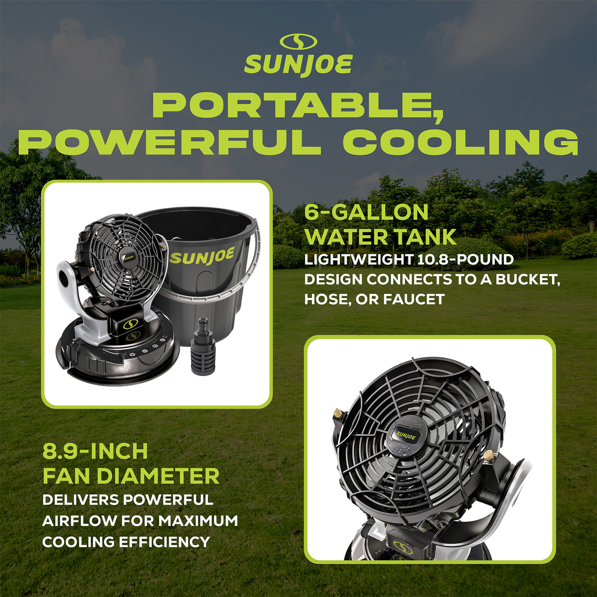 Sun Joe 24V IONMAX Cordless Misting Fan w/ 6 Gal Portable Bucket, (Used)