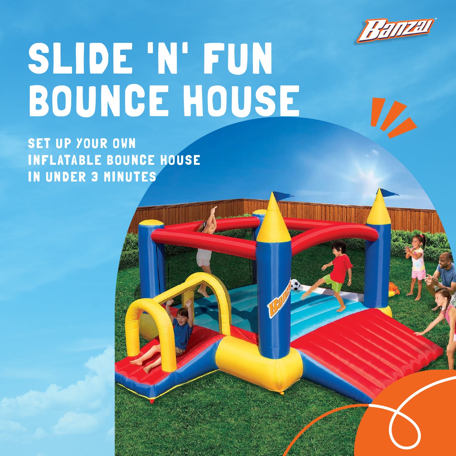 Banzai Slide N Fun Inflatable Slide and Bounce House w/ Soccer Net & Ball (Used) - VMInnovations