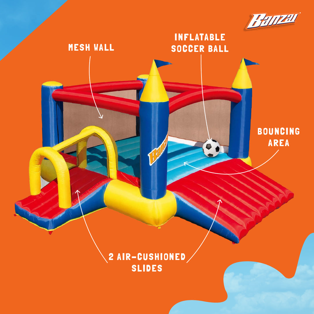 Banzai Slide N Fun Inflatable Slide and Bounce House with Soccer Net and Ball