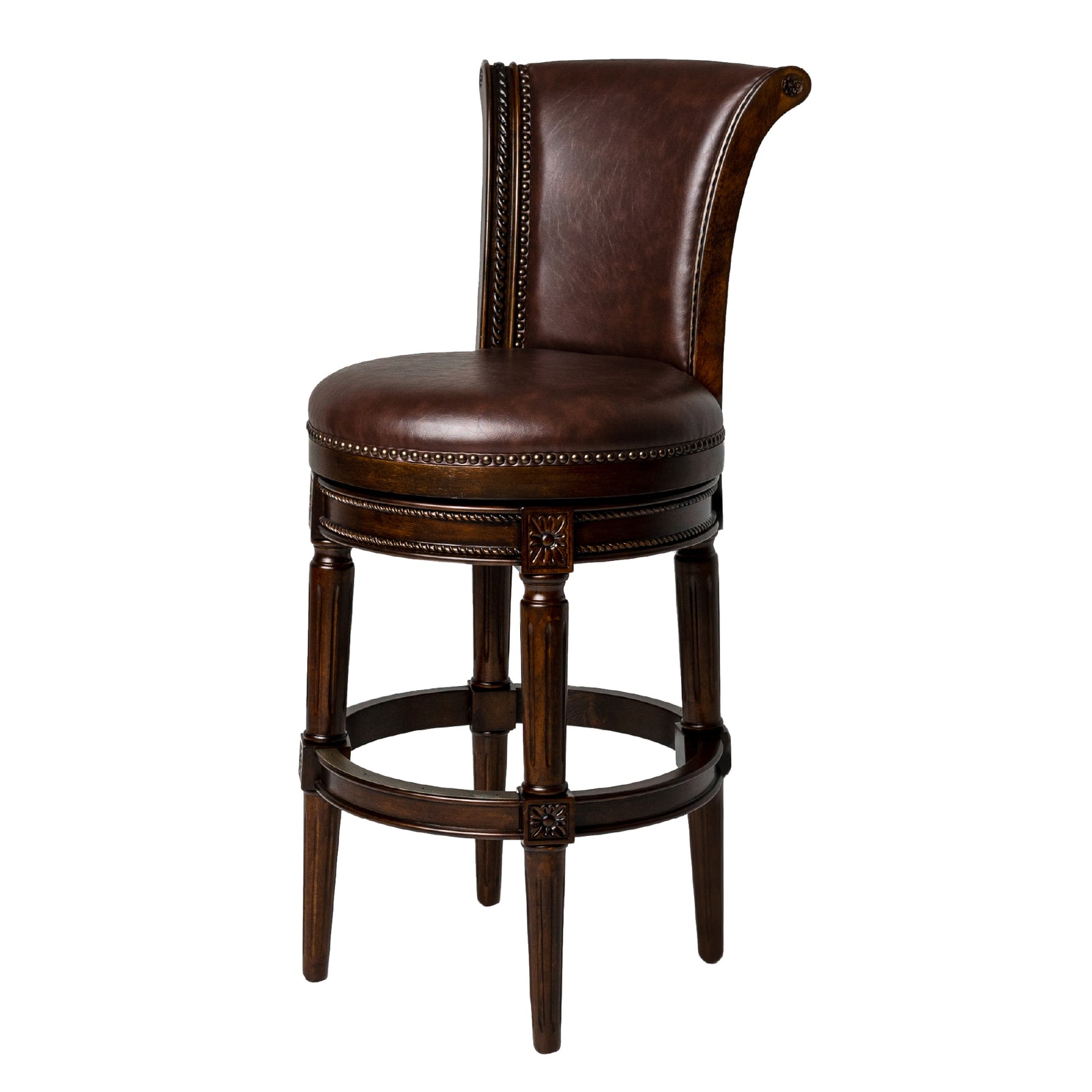 Maven Lane Pullman Bar Stool, Dark Walnut Finish w/ Vintage Brown Vegan Leather - VMInnovations