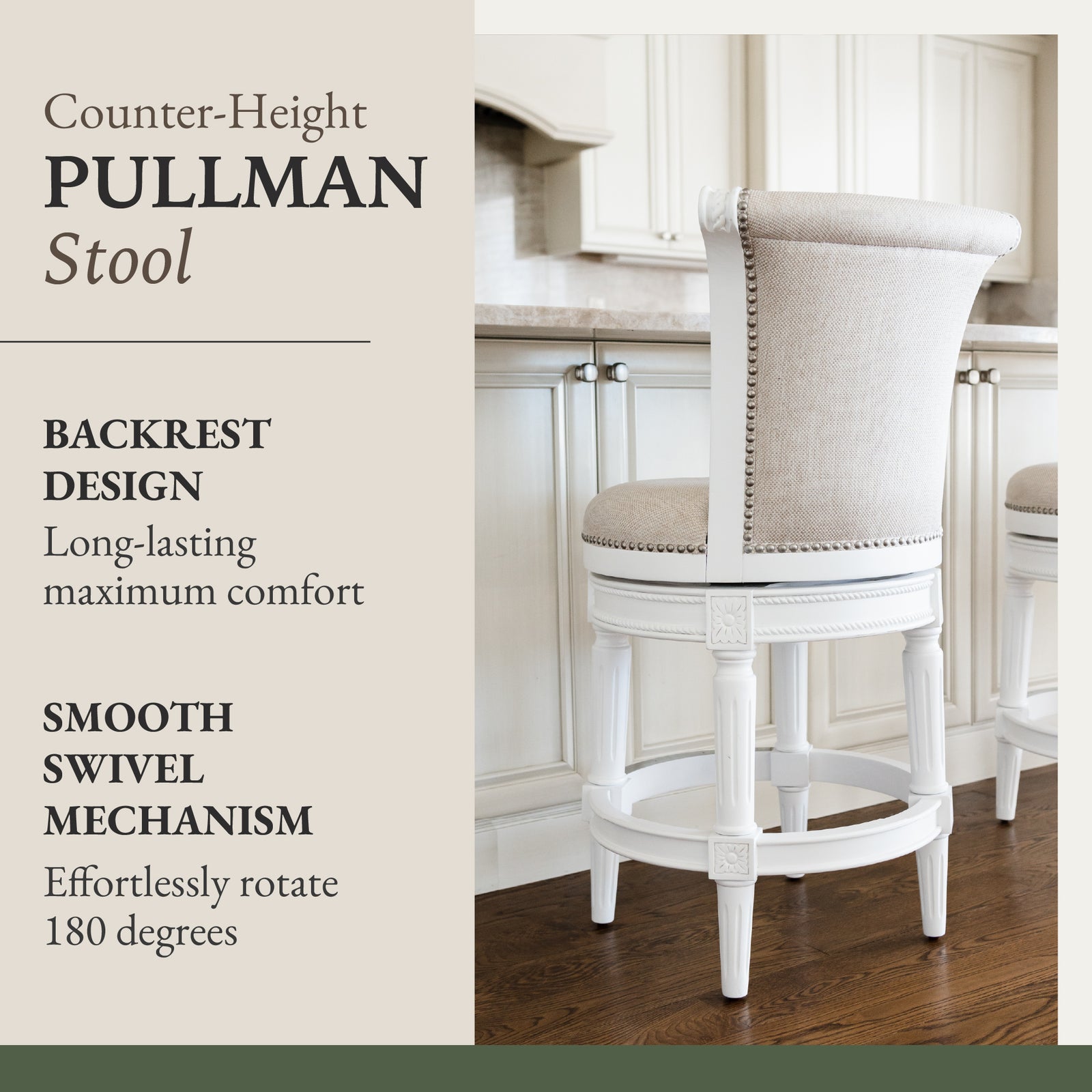 Maven Lane Pullman Counter Stool, Alabaster White Finish Cream Fabric Upholstery - VMInnovations
