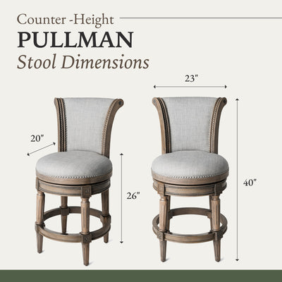 Maven Lane Pullman Counter Stool, Reclaimed Oak Finish w/ Ash Grey Fabric Upholstery