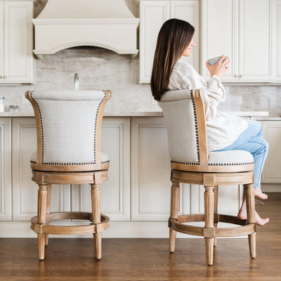 Maven Lane Pullman Counter Stool, Weathered Oak Finish w/ Sand Color Fabric Upholstery