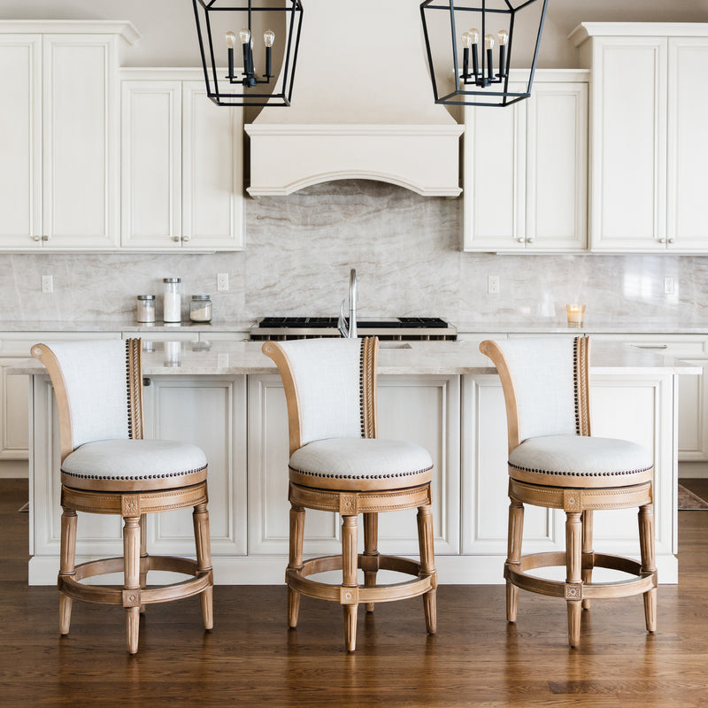 Maven Lane Pullman Counter Stool, Weathered Oak Finish w/ Sand Color Fabric Upholstery