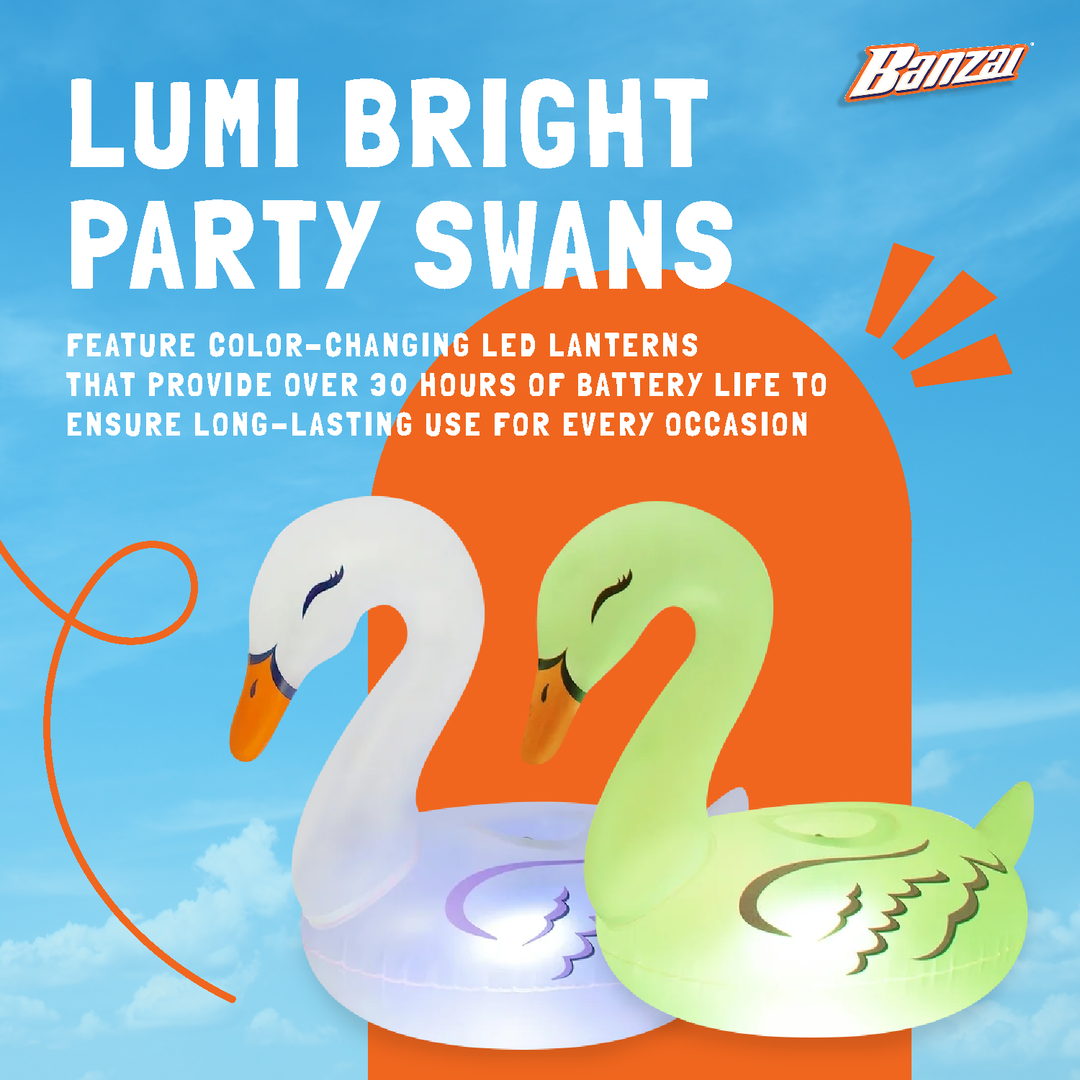 Banzai Lumi Bright Party Swans Inflatable White Pool Lantern Lights, (2 Pack)