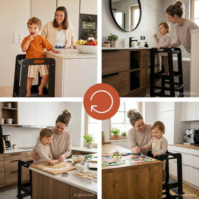 hauck Learn N Explore Montessori Toddler Tower, Wooden Kitchen Stool, Black - VMInnovations