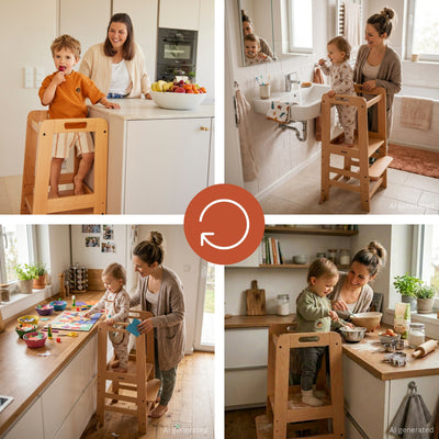 hauck Learn N Explore Montessori Toddler Tower, Wooden Kitchen Stool, Natural - VMInnovations